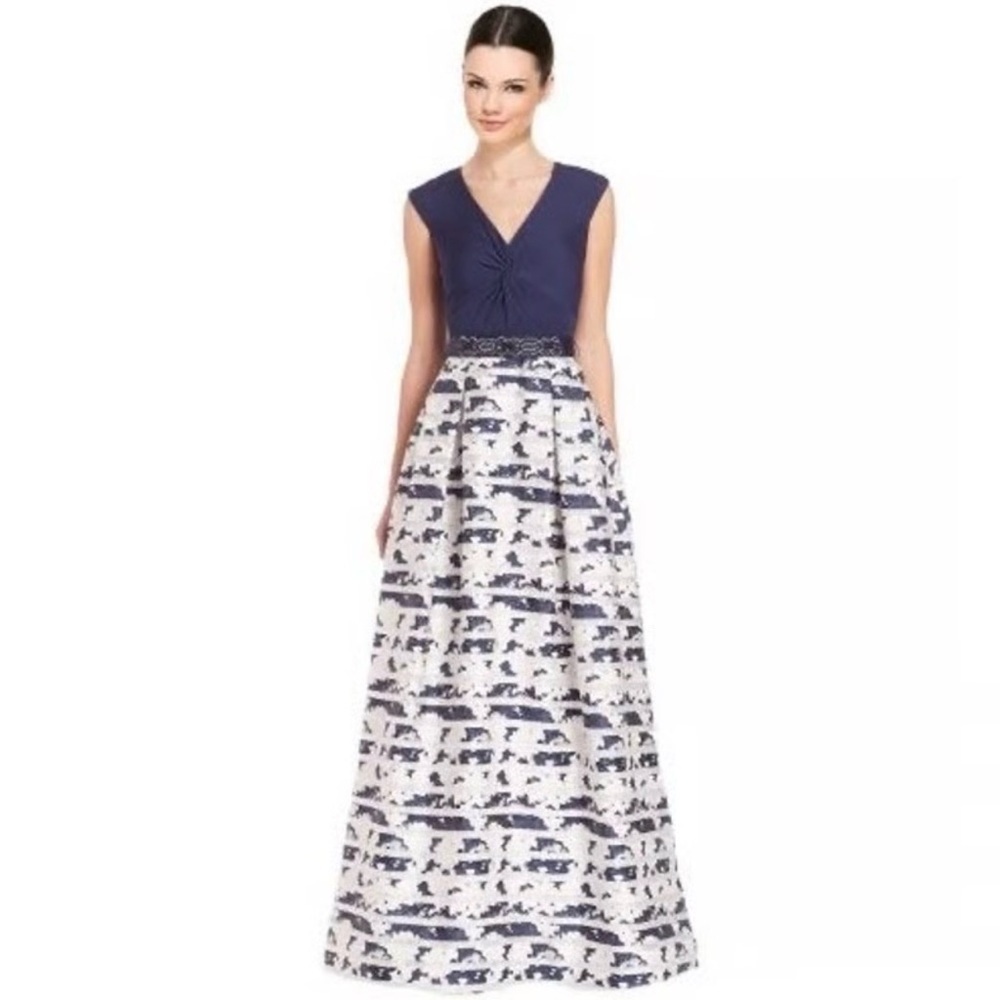 Teri Jon rickie freeman Sleeveless Navy V-Neck Maxi Dress Printed White Skirt 4